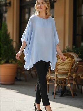 Light Blue Women's Flowing Poncho Top - Elegant Casual